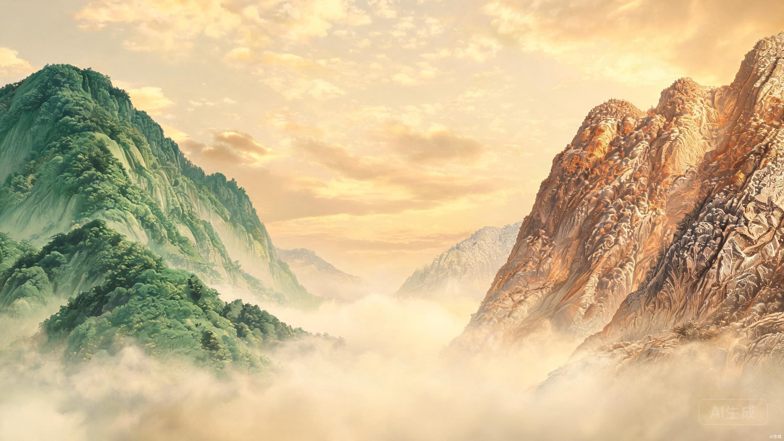 Two mountains across a misty valley