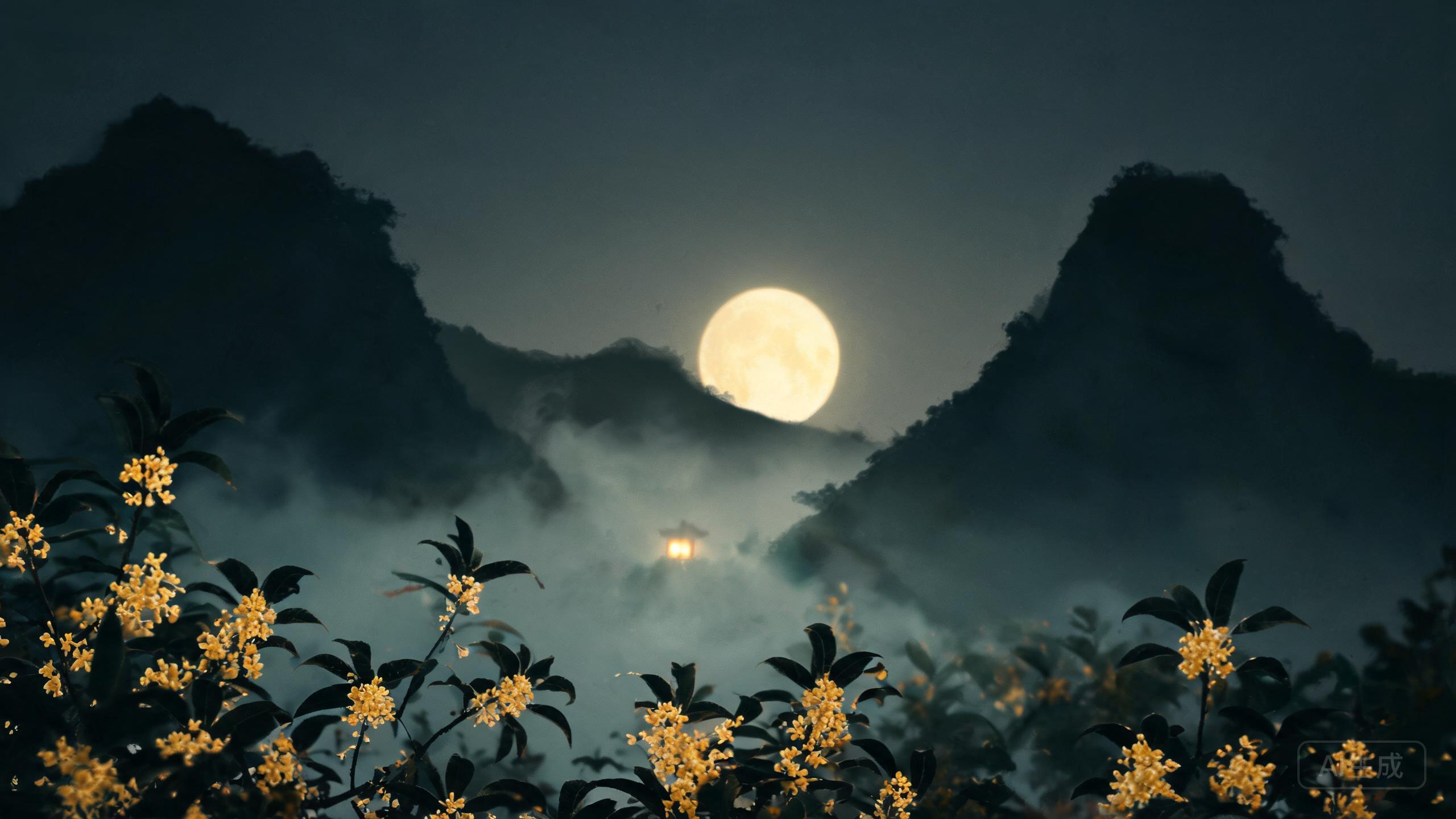A full autumn moon rising between two dark mountain silhouettes over a misty valley